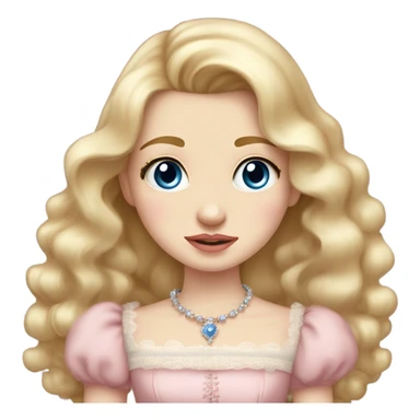 Girl is crying. with blonde hair pale skin blue eyes. Pink lips blush (but not too much). Vintage blowout with long hair not too curly.  light pink princess dress, puffed sleeves, dainty choker necklace (think Versailles but not too much).  sticker