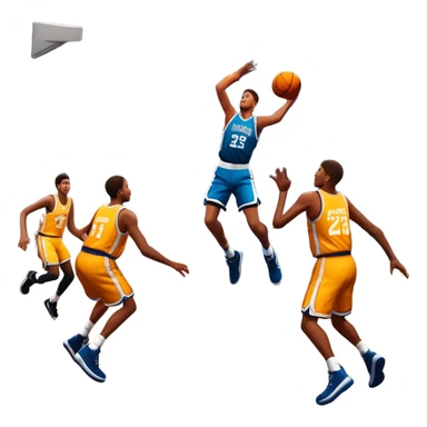 An icon featuring a basketball court with players in action, inspired by NBA 2K25. A player jumps for a dunk, with the ball mid-air. Bright lights illuminate the court, symbolizing the excitement of sports simulation games. Transparent background emphasizes the energy. sticker