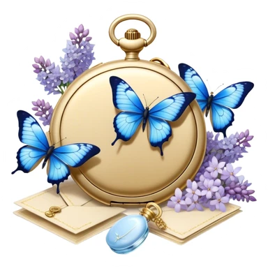 A golden locket, resting beside an ivory envelope sealed with a pearl wax stamp, is surrounded by delicate blue butterflies and cascading white lilacs. A vintage perfume bottle with intricate floral engravings sits nearby, its fragrance lingering in the air. sticker