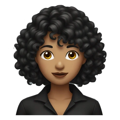 woman with long black curly hair and bangs and dark brown eyes wearing black blouse sticker