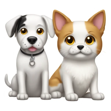 White dog and calico cat sitting next to sticker