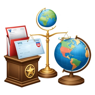 An icon featuring a podium with a speaker, a ballot box with a voting slip, and a globe, symbolizing political science. The design includes scales of justice and a world map in the background, representing governance and global politics. Transparent background highlights political analysis. sticker
