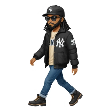African American man with shoulder length black dreadlocks with black beard wearing black sunglasses wearing a black New York Yankees logo baseball cap wearing a black bubble winter coat with denim skinny jeans and timberland boots walking with hand out sticker