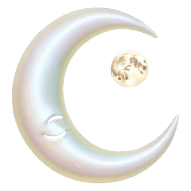 “A luxurious ultra-detailed 3D crescent moon with a high-gloss pearlescent surface, smooth reflective texture, soft glowing rim light, cinematic studio lighting, subtle light bloom, realistic depth and curvature, , floating in dark space, minimal composition,  no backgrund only no face simple sticker