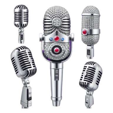Create a glamorous and vibrant emoji representing stage vocal performance. The design should feature a humanless collage of classic vintage microphone, stage costume covered in rhinestones, sparkling brightly. The costume should be stylized, with glittering elements like sequins and sparkles, and reflect the glitzy, extravagant nature of show business. The microphone should have a sleek, retro look with chrome or metallic accents. Use rich, dazzling colors like gold, silver, deep purple, and bright red to evoke the glamorous, larger-than-life feel of a stage performance. The background should be transparent. sticker