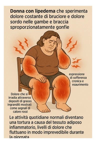 "Woman with lipedema experiencing constant burning and aching pain in disproportionately swollen legs and arms, pain radiating through enlarged fat deposits shown as red heat signatures, expression of chronic suffering and exhaustion, normal daily activities becoming torture due to inflammatory adipose tissue, pain levels fluctuating unpredictably throughout the day" scritte in italiano sticker