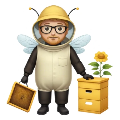 full body medium plus size male bee keeper in yellow and black with short light strawberry blonde hair and goatee wearing glasses with bee keeper hat sticker