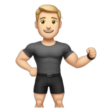To belt Pale skinned Fit Man With the biceps and light brown hair in black shirt, gray sports shorts and white Sneakers Writing text on the flipchart sticker