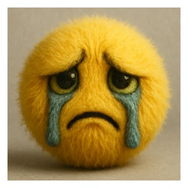 a yellow fuzzy ball face, looking sad and envious, with tears made of fur and a deeply emotional expression sticker