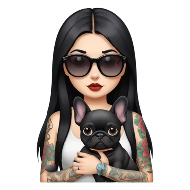 girl with long black  straight hair and tattoos and Wearing sunglasses and a black French bulldog sticker