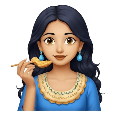 a pretty indian bratz girl with wavy long black hair. eyeliner on, wearing a blue kurti, eating golgappa sticker