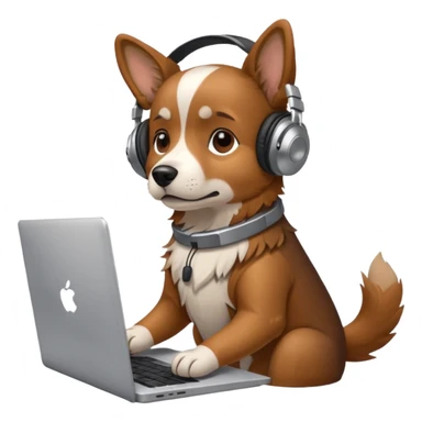 A dog with headphones on  a laptop sticker
