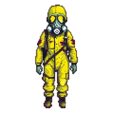 a zombie from the game DAYZ wearing a yellow hazmat suit with a black gasmask sticker