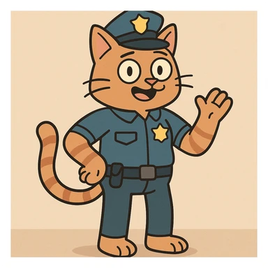 a police officer with a cat body, playful cartoon style, colorful, fun sticker
