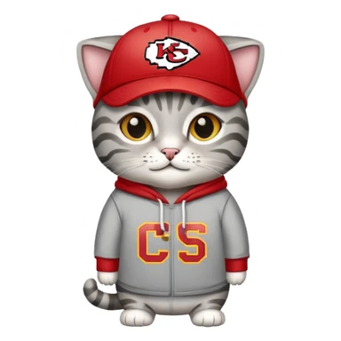 Grey tabby cat wearing KC chiefs hoodie and chiefs ball cap sticker