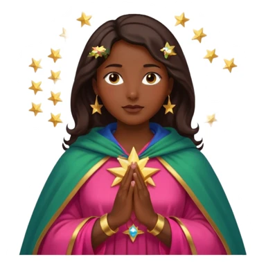 Mujer de piel morena, rostro sereno, manos juntas. Vestido rosa rojizo manto capa azul verdoso con muchas estrellas doradas pequeñas Resplandor como rayos de luz dorado alrededor del cuerpo. sticker