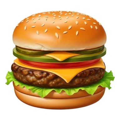 Cinematic juicy cheeseburger, perfectly grilled patty, melted cheese, crisp lettuce, tomatoes, and pickles, soft sesame seed bun, glossy and rich, warm glowing background, ultra-detailed and appetizing. sticker