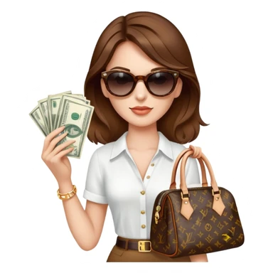 Old money women with sunglasses and brown hair and Luis Vuitton bag and lots of money  sticker