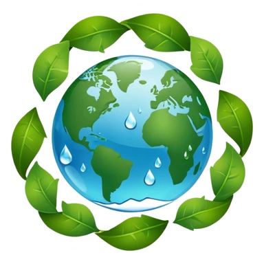 An icon featuring a globe with green leaves, a recycling symbol, and a water droplet, symbolizing ecology. The design includes trees, animals, and renewable energy icons, representing the study of ecosystems, environmental protection, and sustainability. Transparent background sticker