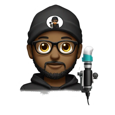 black cap, hoodie, and glasses boy with beard holding tattoo machine sticker