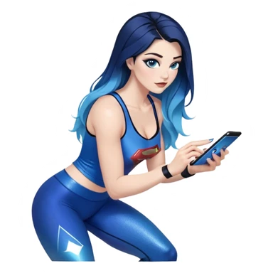 Texting on phone-very very very large upper body-sexy face-bending forward at waist-very long very straight dark blue to light blue ombre hair-and-blue eyes-thick black eyeliner-thick long eyelashes-iridescent blue lowcut tanktop with black leggings with glitter superman logo sticker