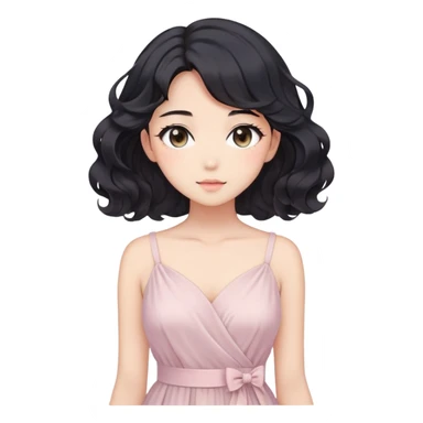 Gorgeous anime lady with elegant black wavy hair wearing a soft flowy feminine dress in pastel colors sticker