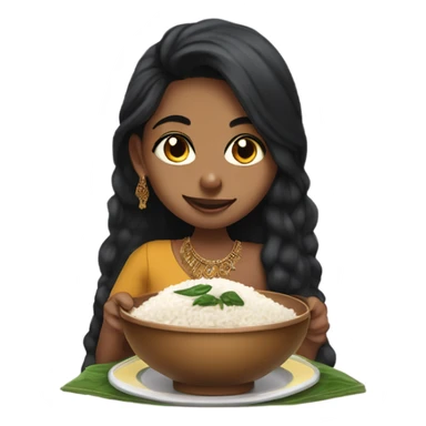 Indian girl with brown skin big nose and nose piercing, spinach on teeth, with black long fuzzy hair wearing indian dress eating curry and rice.  sticker