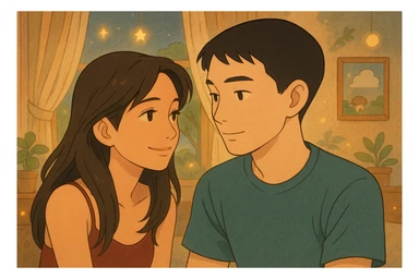 Transform these two lovers into Ghibli style with a warm atmosphere, soft and luminous illustration, romantic decor inspired by Miyazaki films. sticker