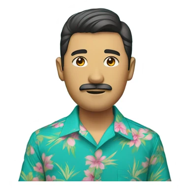 young asian man with beard and mustache, teal hawaiian shirt with pink flowers sticker