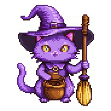 purple witch cat with a broom sticker