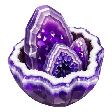 3D render of Rock Candy Geode, made entirely of dessert materials, glistening sugar crystal texture, jagged translucent purple sugar crystals, delicious confectionery aesthetic, Apple emoji style, isolated on white background --v 6.0. sticker
