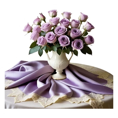 A dreamy, ethereal composition set in soft natural light: a lavish bouquet of light violet Ascott tea roses sits atop a vintage lace-covered table, their petals exuding a subtle fragrance. A deep purple satin throw adds contrast, its texture rich and luxurious. A graceful lavender butterfly hovers delicately above, as if drawn to the scene. An ivory silk ribbon, artfully tied into a loose bow, rests beside a beautifully designed pearl-colored vintage perfume flacon, its glass reflecting the surrounding hues in an elegant glow. sticker