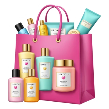 Gift bag with beauty products (shampoo, creams, styling products), a gift bag is beautyful open box full of luxury brand-labeled beauty products sticker