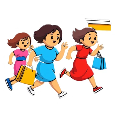 shoppers running with the salesgirl, bright colors and playful expressions sticker