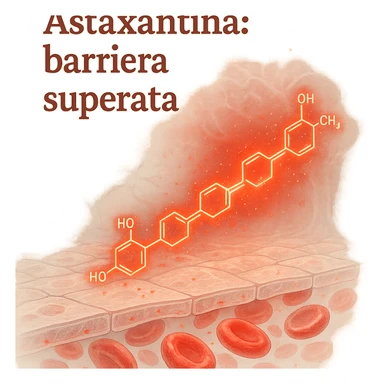 hyper realistic glowing red astaxanthin molecule crossing a transparent blood-brain barrier, positive atmosphere, light background, with text 'Astaxantina: barriera superata' sticker