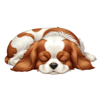 Cinematic cute Sleeping Cavalier King Charles Spaniel Portrait Emoji, cute and serene, with a round, endearing build and a plush, silky coat of rich chestnut and white, eyes gently closed in peaceful slumber, Simplified yet irresistibly endearing features, highly detailed, glowing with a gentle, dreamy glow, high shine, relaxed and content, stylized with a touch of whimsy, bright and heartwarming, soft glowing outline, capturing the essence of a blissfully sleepy companion, so comically serene it feels like it could roll out of the screen and snore with adorable charm! sticker