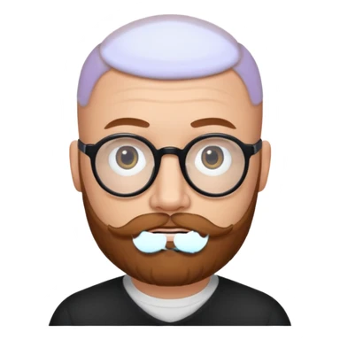 emoji 32-year-old white man, bald with a chestnut beard and mustache, small head with round black glasses. sticker
