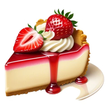Cinematic creamy cheesecake, smooth and velvety, topped with fresh strawberries and a glossy fruit glaze, golden crumbly crust, beautifully plated, soft glowing background, indulgent and elegant. sticker