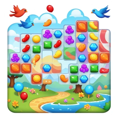 An icon representing a casual game, inspired by titles like Candy Crush. The design features colorful puzzle pieces, bouncing birds, and characters running through dynamic landscapes. Vibrant HUD elements like scores and power-ups highlight the playful. Transparent background sticker