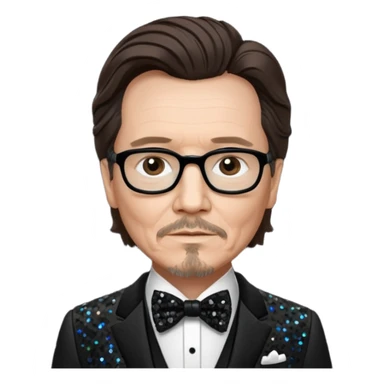 Gary Oldman with dark brown hair hair, black sequin suit with bow tie sticker