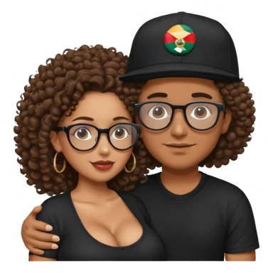 A picture of a tanned couple embracing. the guy is Mexican, with a bald hair cut and he has a SnapBack hat on. The girl is mixed, the girl is wearing a black shirt, the girl has brown curly big hair and the girl has big boobs and the girl wears glasses but the man doesn't  sticker
