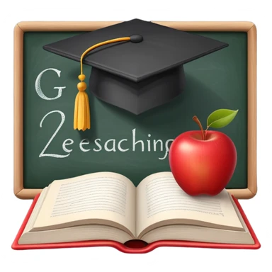 An icon featuring an open book, a chalkboard with lesson plans, and a pencil, symbolizing education and pedagogy. The design includes an apple and a graduation cap, representing teaching and learning. Transparent background highlights the growth and development in education. sticker