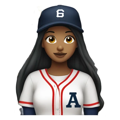Black long hair girl wearing navy ballcap emblazoned with a red G initial and wearing baseball uniform sticker
