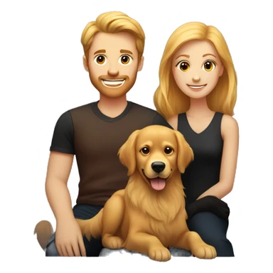 Family portrait with a smiling blonde woman,  red-haired man,  golden retriever sitting beside them, and  black cat sitting in front. sticker