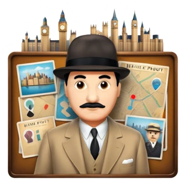 Icon for Detective Movies: A colorful collage with Hercule Poirot and mysterious city backdrop. Include a board with photos of suspects, clues like fingerprints and a crime scene. Retro movie poster style. Transparent background. sticker
