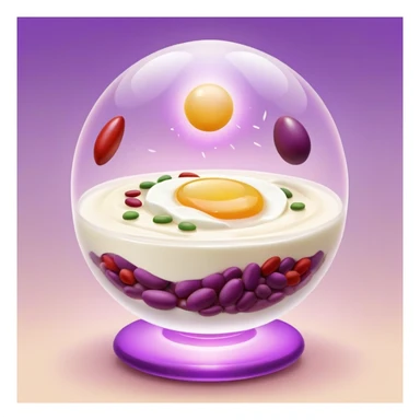 Floating orb of warm light containing mini bright icons: red meat, golden egg, purple beans, translucent tofu block and yogurt glass, slowly rotating around a radiant body figure that radiates strength and balance sticker
