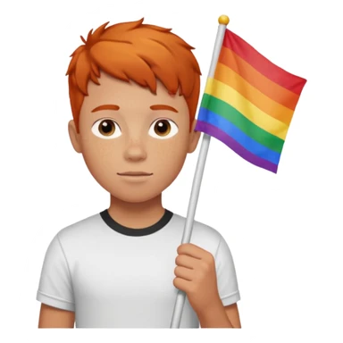 A gay, ginger, young, freckled, boy with a shirt with the name JUDE on it in red marker, holding a pride flag sticker