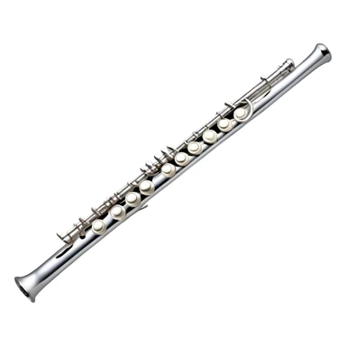 Create an elegant and refined emoji representing a classical silver flute. The design should showcase the sleek, polished silver body of the flute with its keywork and tone holes clearly visible. Highlight the smooth, straight shape of the instrument with subtle light reflections on its metal surface. The keys should be delicately detailed, with their small, round pads visible. Add a slight shine to the flute’s surface to reflect its high-quality craftsmanship. Optionally, include subtle musical notes floating around the flute to evoke its light, melodic sound. The background should be transparent. sticker