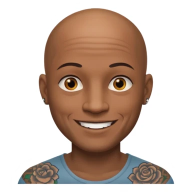This is a cartoon-style avatar of a bald man with dark skin, golden-brown eyes, and several tattoos on his face, smiling with a friendly expression. sticker