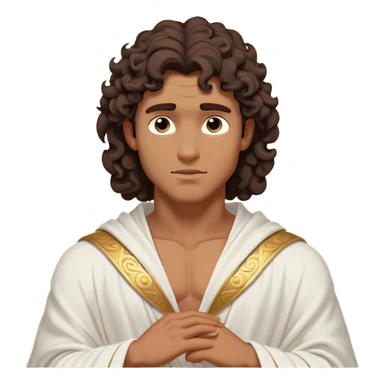 Cinematic Realistic Hercules Portrait, depicted as a classical Greek hero inspired by the Disney version yet echoing the refined proportions and serene dignity of Michelangelo's David. His idealized, tan skin glows with timeless strength, and his thick, curly wavy dark brownhair falls in natural, sculpted curls. Draped in a flowing white robe with delicate golden accents, his expressive eyes radiate determined nobility, all rendered under dynamic natural lighting with a mythic, radiant glow. sticker